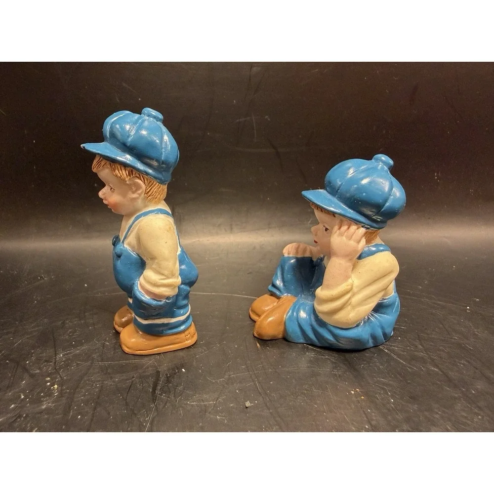 Vintage‎ Boy Figurines Set of 2 – Blue Overalls – Miniature 2.5